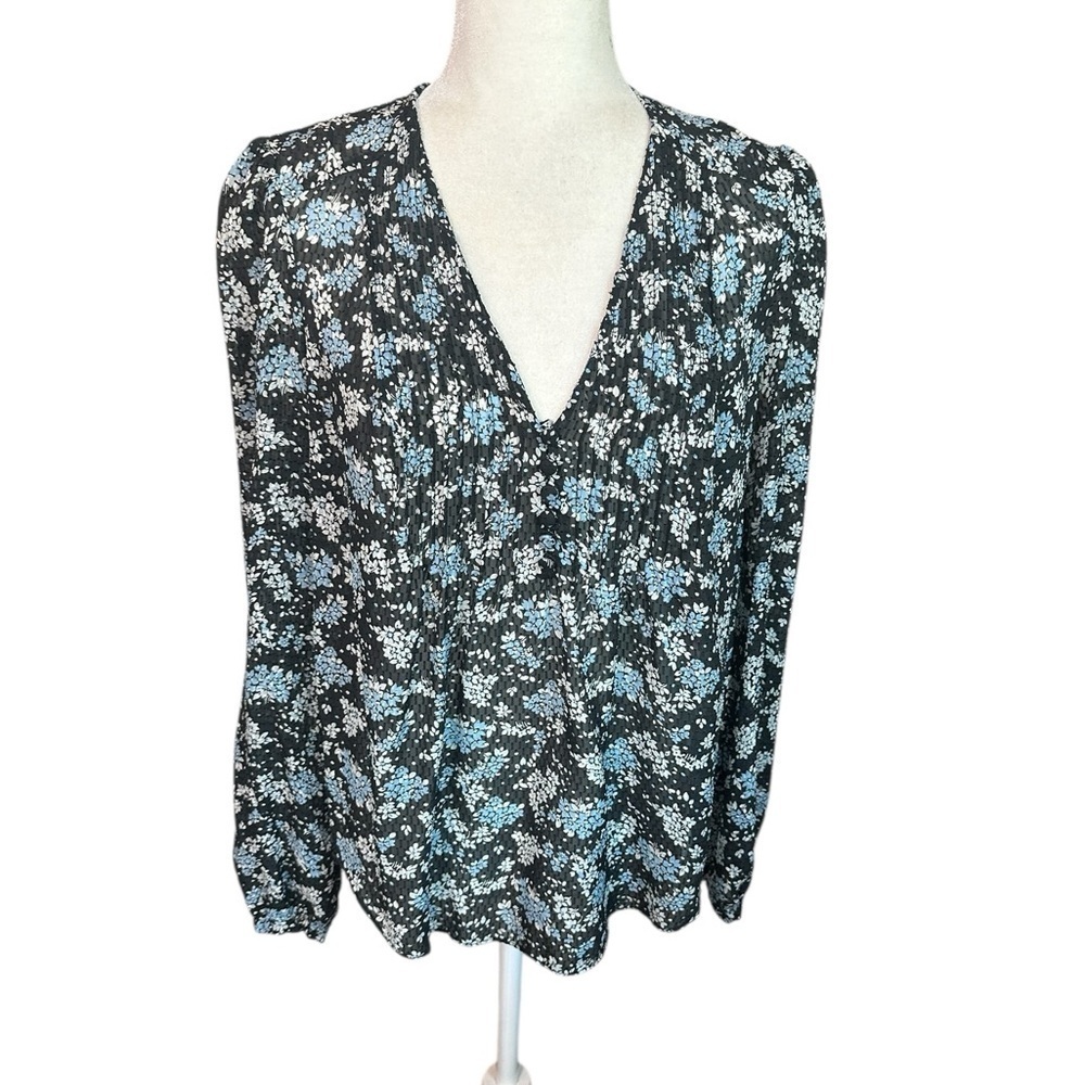 Veronica Beard Black and Blue Floral Long Sleeve Silk Blouse Size 10